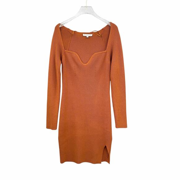Hyfve Brown Ribbed Knit Sweetheart Neckline Bodycon Long Sleeve Fall Mini Dress - Picture 8 of 12